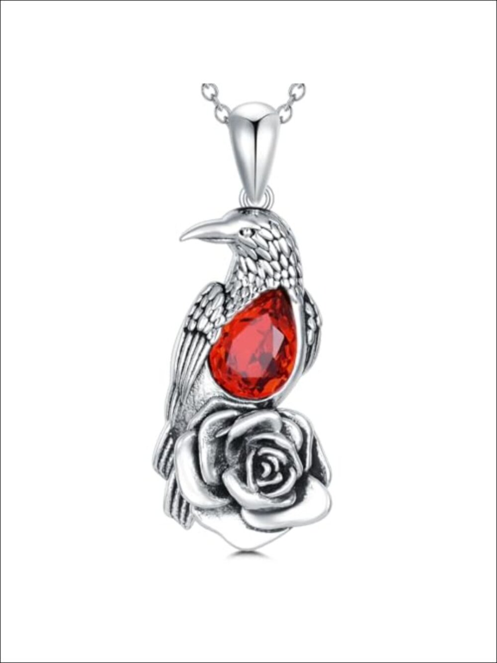 Sterling Silver Raven Rose Pendant Necklace Amethyst Crystal Adjustable Chain